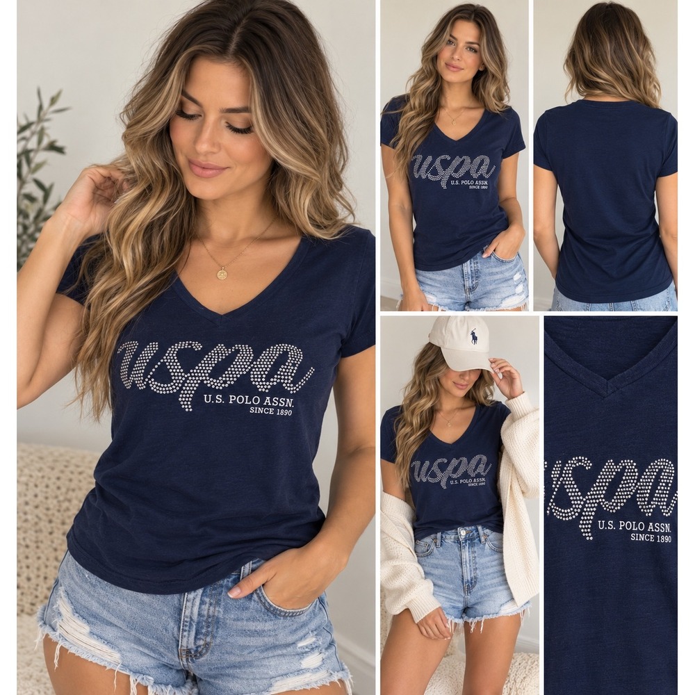 U.S. Polo Assn Y2K T-Shirt Womens S Navy Blue Rhinestone Logo V Neck CottonP
